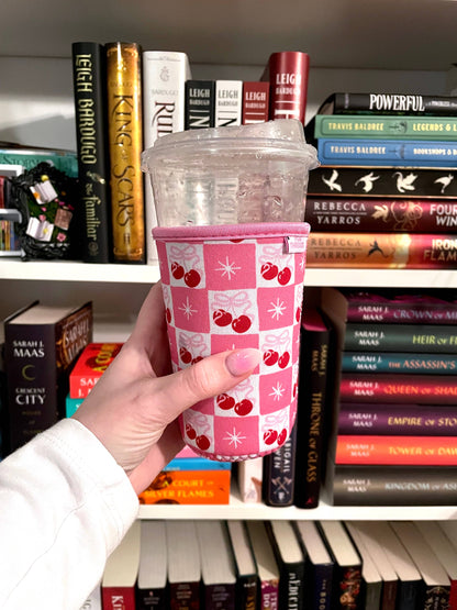 Cherry Bow Coquette Checkered Iced Coffee Sleeve 🍒✨  - Medium