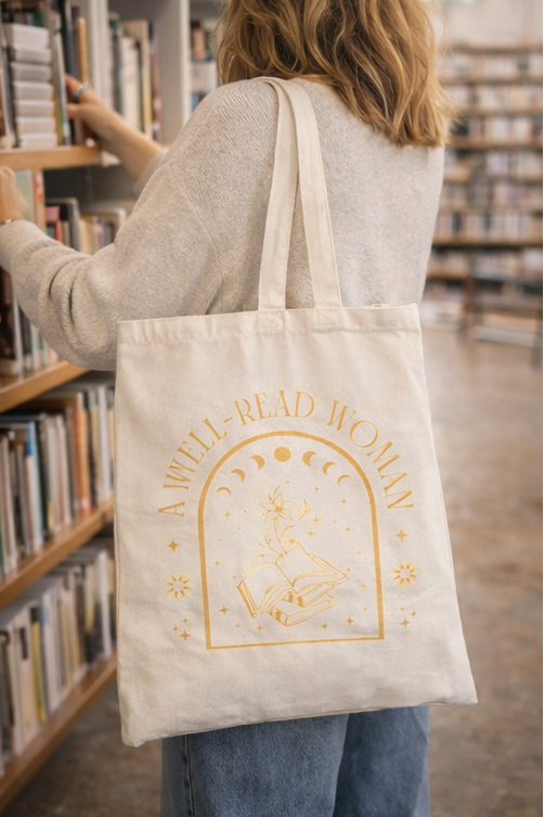 Collage of a tote bag with gold text and design, used in various settings.