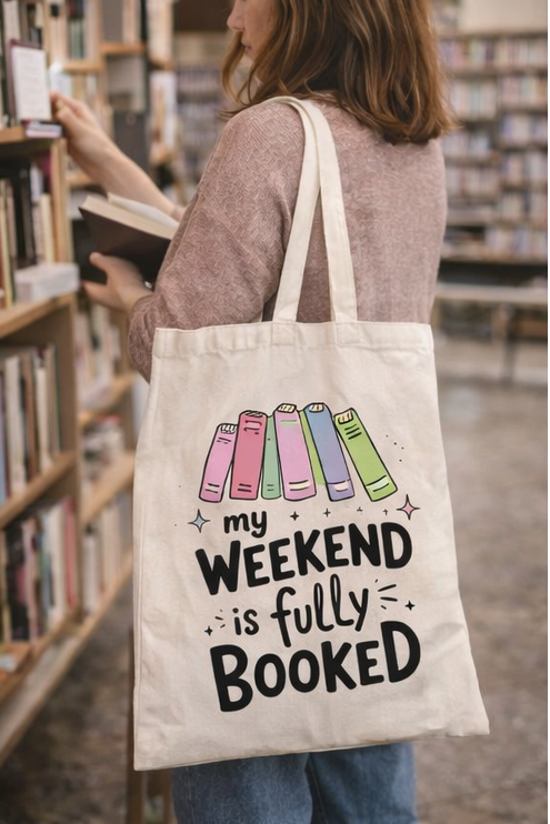 Tote bag with 'My weekend is fully booked' text and book illustrations, shown in various settings.