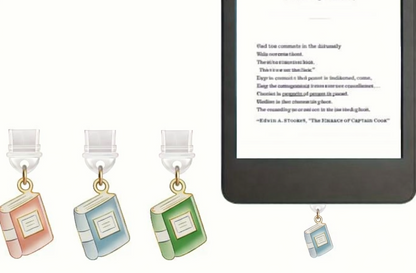 Colorful book-shaped e-reader holders with a digital device displaying text.