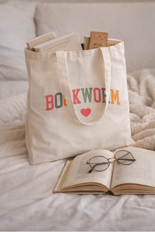 Collage of a tote bag with 'BOOKWORM' text and heart design, used in various settings like a library and home.
