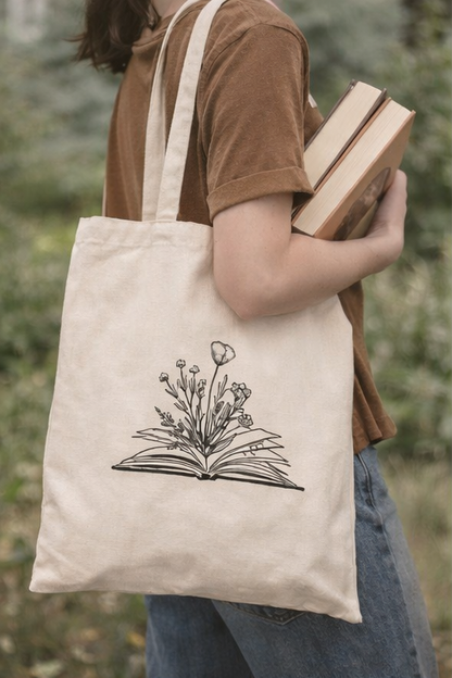 Collage of a tote bag with a design of an open book and plants, held by people in various settings.
