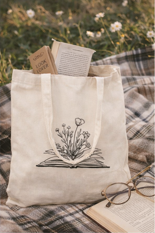 Collage of a tote bag with a design of an open book and plants, held by people in various settings.