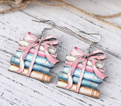 Wooden Bow Book Pendant Earrings