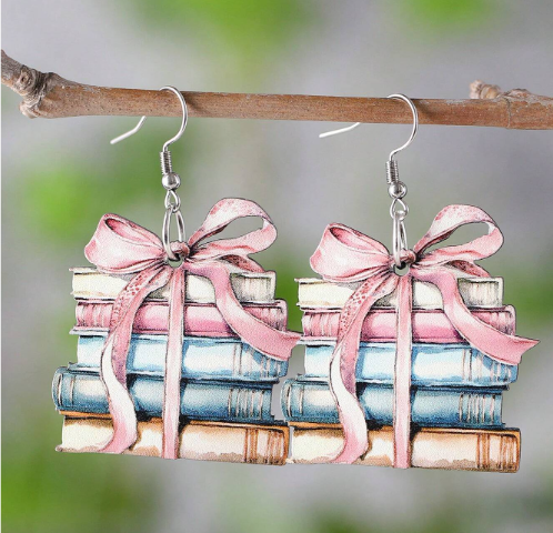 Wooden Bow Book Pendant Earrings