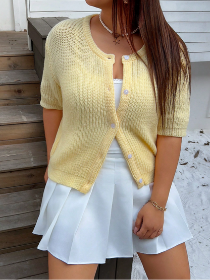 Soft Knit Short-Sleeve Button Cardigan