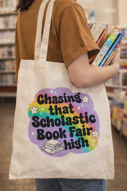 Collage of tote bags with 'Chasing that Scholastic Book Fair high' text, featuring colorful graphics.