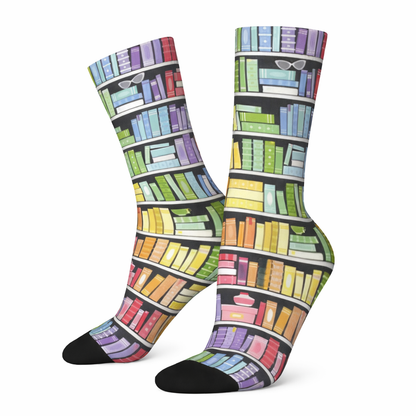 Colorful bookshelf patterned socks on a white background